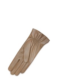 Brown leather glove with a smooth texture, contoured design, and elastic gathering at the wrist for added fit and comfort.
