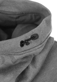 Grå tygkrage med en slät yta, som har en svart spänne och snöre för justering. Enkelt mönster med rena linjer.