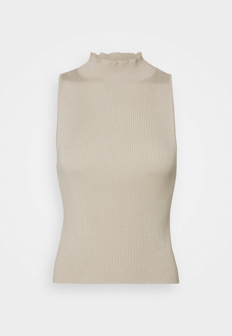 Top senza maniche a coste beige con collo alto e dettagli a ruffled sul colletto, su uno sfondo bianco uniforme.