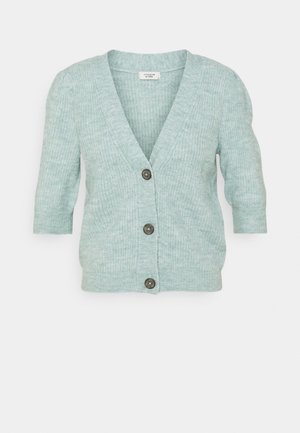 Light green, short-sleeve knit cardigan with V-neck and three dark buttons down the front, displayed on a white background.
