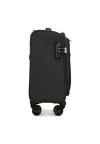 Valise de cabine noire en tissu avec une forme rectangulaire, deux roues, fermeture éclair et cadenas à combinaison pour la sécurité.