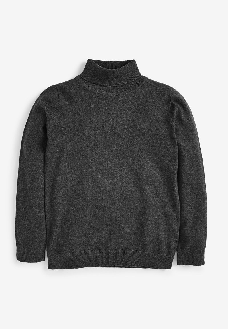 Pull en laine gris foncé à manches longues avec col, poignets et ourlet côtelés, posé à plat sur un fond blanc.