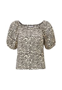 Korte mouwen blouse van lichtbeige stof, voorzien van een zwart luipaardprint, elastische halslijn en verzamelde pofmouwen.