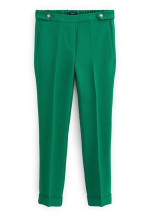 Zielone spodnie slim fit z guzikami na pasku i mankietami na nogawkach, z bocznymi kieszeniami i ukrytym zapięciem z przodu.