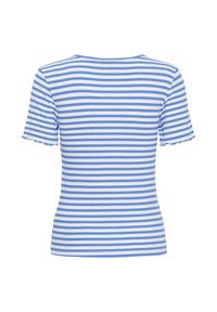 Majica na črte z modrimi in belimi vodoravnimi črtami, kratkimi rokavi z valovitimi robovi in oprijeto rebrasto teksturo.