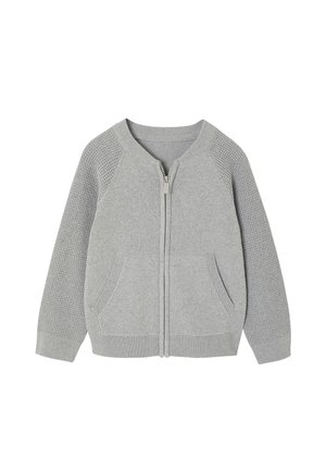 Hellgrauer, gestrickter Cardigan mit Reißverschluss, strukturierten Ärmeln und Vordertaschen, gerippten Bündchen und Saum.