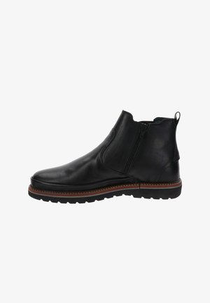 Stivale alla caviglia in pelle nera con zip laterale, punta arrotondata, superficie strutturata e suola in gomma con cuciture a contrasto.