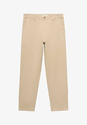 Beige katoenen chinos met een recht model, voorzien van een sluiting met knoop aan de voorkant, riemlussen en twee zijzakken. Soepele textuur.