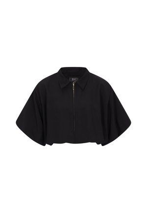 Czarna krótka kurtka z szerokimi rękawami, kołnierzem i centralnym złotym zamkiem błyskawicznym.