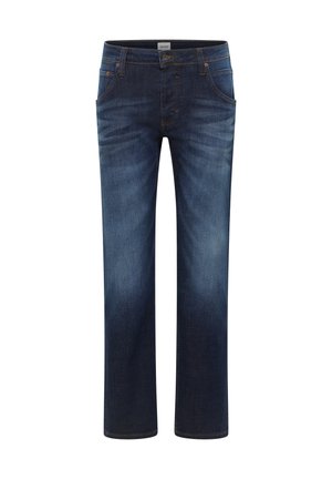 Dunkelblaue Denim-Jeans mit geradem Bein, vorderen Taschen, Gürtelschlaufen, Knopfverschluss und dezenten Ausbleich-Effekten.