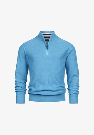 Jasnoniebieski pulower z zamkiem błyskawicznym przy kołnierzu, ribblowanym wykończeniem i dopasowanymi rękawami. Posiada subtelny wzór dzianiny i czarną paskę przy dekolcie.