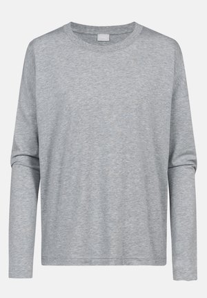 Helles graues Langarmoberteil mit rundem Halsausschnitt, aus weichem, strukturiertem Stoff gefertigt. Lockere Passform mit entspannten Schultern und geradem Saum.