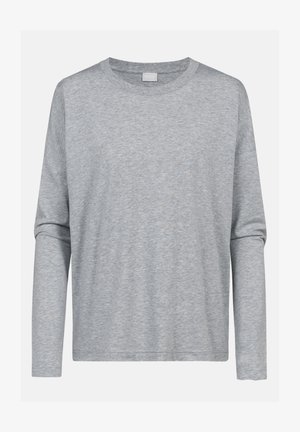 Haut à manches longues gris clair avec un col rond, fabriqué à partir d'un tissu doux et texturé. Coupe ample avec des épaules décontractées et un ourlet droit.