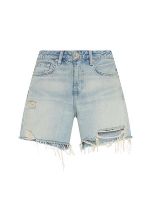 Lichtblauwe denimshorts met een hoge taille, versleten details, rafelige zomen en twee voorzakken.