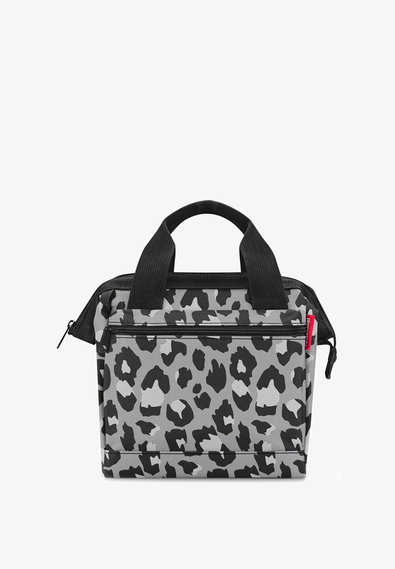 Isolierte Lunch-Tasche mit einem grau-schwarzen Leopardenmuster, ausgestattet mit zwei schwarzen Griffen und einer Reißverschluss-Vordertasche für einfachen Zugang.