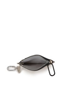 Black zippered coin pouch with a silver zipper, removable metal carabiner, and gray interior. Compact design for carrying small items.