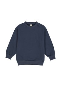 Navy blue long-sleeve sweatshirt with ribbed cuffs, collar, and hem, laid flat on a white background.