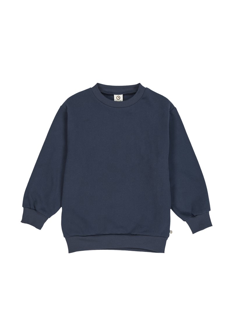 Navy blue long-sleeve sweatshirt with ribbed cuffs, collar, and hem, laid flat on a white background.