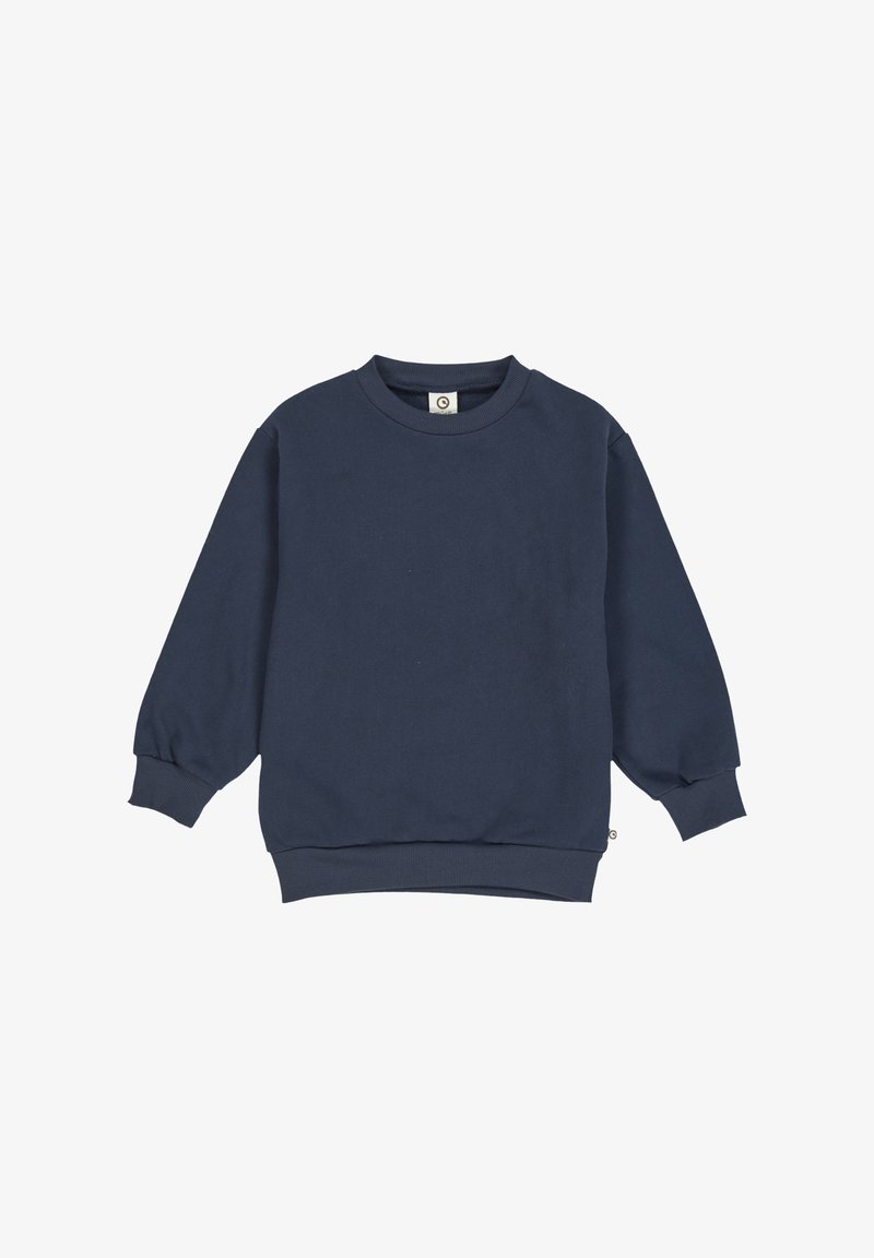 Navy blue long-sleeve sweatshirt with ribbed cuffs, collar, and hem, laid flat on a white background.