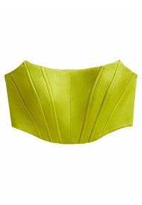 Limonkowy top bustier z wyraźnymi szwami i plisowaniem, o gładkiej teksturze i szerokim, zaokrąglonym dekolcie. Bez ramiączek.