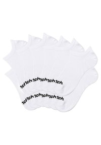White ankle socks made of cotton blend, featuring ribbed texture and black logo at the cuff, displayed in a stacked arrangement.