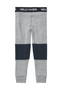 Šedé legíny s námořnickě modrým panelem, vyrobené z texturovaného materiálu. Mají černý pas s nápisem "HELLY HANSEN" vytištěným bílou barvou.