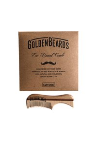 Miljövänlig träskäggsborste, 95 mm lång, med ett slätt, böjt handtag och fina tänder. Förpackad i en kraftlåda med tryckta detaljer.