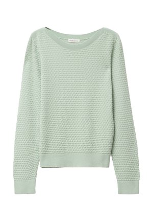 Jasnozielona bluza z teksturowanym wzorem plastra miodu. Ma szeroki dekolt, ściągacze przy mankietach i u dołu. Długie rękawy. Miękki materiał.