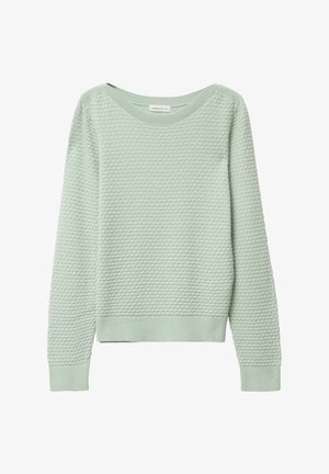 Light green sweatshirt with a textured, honeycomb pattern. Features a wide neckline, ribbed cuffs, and hem. Long sleeves. Soft material.