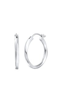 Orecchini a cerchio in argento con un design attorcigliato, caratterizzati da una finitura lucida e una chiusura sicura. Adatti per un uso quotidiano.