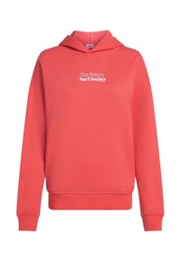 Korallenfarbener Hoodie mit lockerer Passform, ausgestattet mit einer Kängurutasche und gerippten Bündchen. Weißer Schriftzug "The Future Surf Society" auf der Brust.