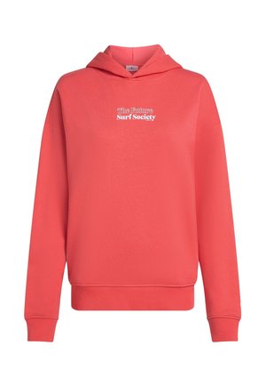 Korallfärgad hoodie med avslappnad passform, med en känguruficka och ribbade ärmslut. Vit text "The Future Surf Society" över bröstet.