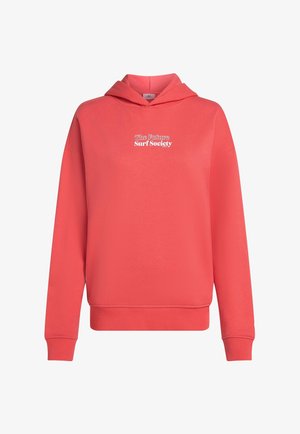 Koraalkleurige hoodie met een relaxte pasvorm, voorzien van een kangoeroezak en ribgebreide boorden. Witte tekst "The Future Surf Society" over de borst.