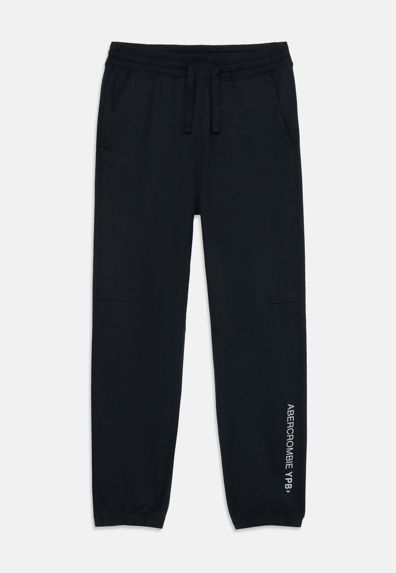 Black jogger pants with an elastic waistband, cuffed ankles, side pockets, and white text "ABERCROMBIE YPB" printed on the leg.