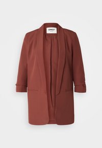 Rostfarbener Blazer mit glatter Textur, offenem Vorderteil und Dreiviertelärmeln. Verfügt über zwei Seitentaschen und ein klassisches Reversdesign.