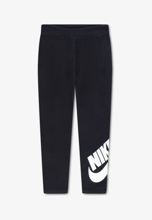 Colanți negri din amestec de bumbac, cu un design ajustat, având un logo mare alb Nike pe partea inferioară a piciorului drept și o talie elastică.