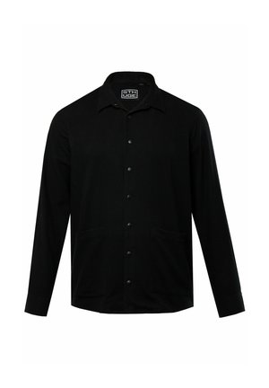 Schwarzes Langarmshirt mit einem Kragen, vorderen Knöpfen und zwei unteren Taschen. Weicher Stoff mit glatter Textur und minimalistischem Design.