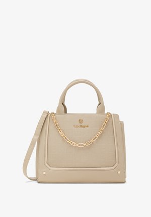 Borsa beige in materiale strutturato, con catena dorata come dettaglio, doppio manico e tracolla rimovibile. Logo impresso sulla parte anteriore.