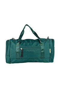 Bolsa de lona verde con doble asa, bolsillo delantero con cremallera, material texturizado y tirador de cremallera decorativo. Forma rectangular.