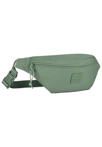 Borse in tessuto verde a vita con forma rettangolare, chiusura con zip, tracolla regolabile e logo in rilievo sul fronte.