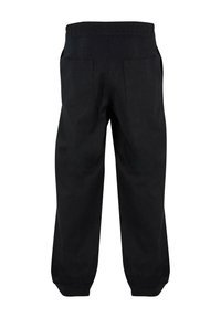 Czarne spodnie o luźnym kroju, z szerokim elastycznym pasem, dwoma tylnymi kieszeniami i zwężanymi nogawkami. Gładka faktura tkaniny.