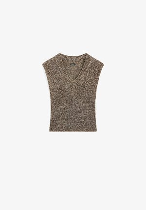 Top senza maniche lavorato a maglia con scollatura a V, caratterizzato da un motivo testurizzato in marrone e beige, realizzato in un filato morbido e misto.
