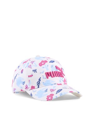Weißes Puma-Cap mit pinkem Logo, dekoriert mit blauen und pinken Blumen- und Blattmustern über den gesamten Stoff.