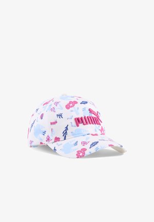 Hvid Puma-kasket med pink logo, dekoreret med blå og pink blomster- og bladmønstre over hele stoffet.