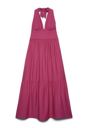 Abito lungo fucsia senza maniche con scollo a V profondo, chiusura a collo annodato e panneggi raccolti per una vestibilità fluida.