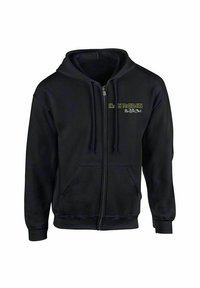 Black zip-up hoodie made of soft fabric, featuring front pockets and a graphic logo in green on the left chest area.