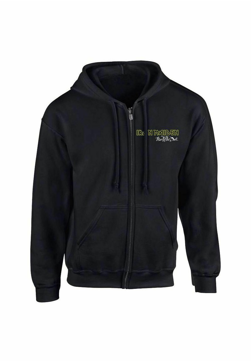 Black zip-up hoodie made of soft fabric, featuring front pockets and a graphic logo in green on the left chest area.