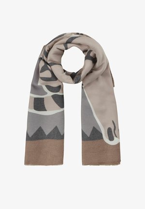 Breiter rechteckiger Schal mit abstrakten grauen und beigen Mustern, aus weichem Stoff mit fransigen Kanten gefertigt. Das Design enthält tierisch inspirierte Formen.