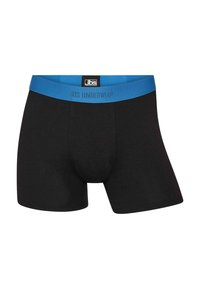 Svarta boxershorts med ett blått elastiskt midjeband. Har en slät textur och en formad ficka. "JBS UNDERWEAR"-logotyp på midjebandet.