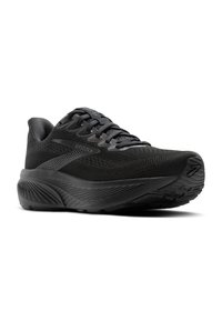 Schwarzer Sportschuh mit atmungsaktivem Mesh-Obermaterial, gepolsterter Sohle und strukturiertem Profil für Traktion. Mit reflektierenden Details akzentuiert.